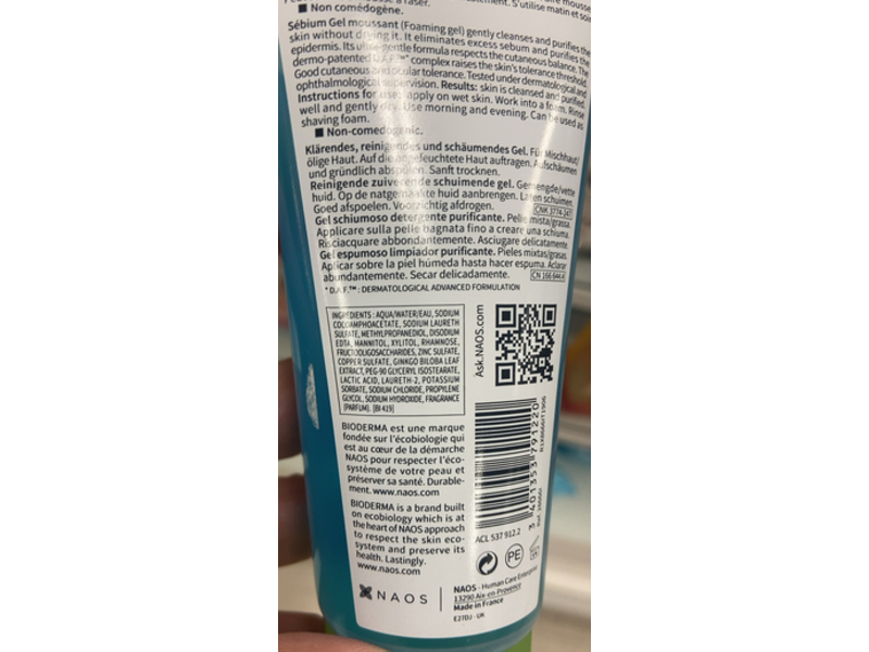 Bioderma Purifying Cleansing Foaming Gel Tube, 3.3 fl oz/ 100 mL