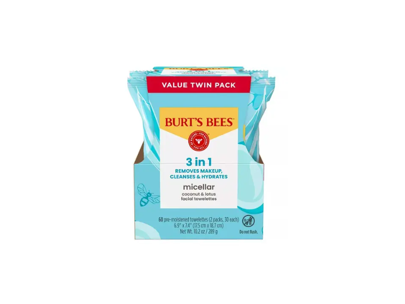 Burt's Bees 3 In 1 Micellar Facial Towelettes, Coconut & Lotus, 10.2 oz/289 g, 60 Count
