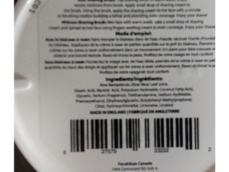 Fendrihan Shaving Cream, Aloe Water, 6 oz/170 g