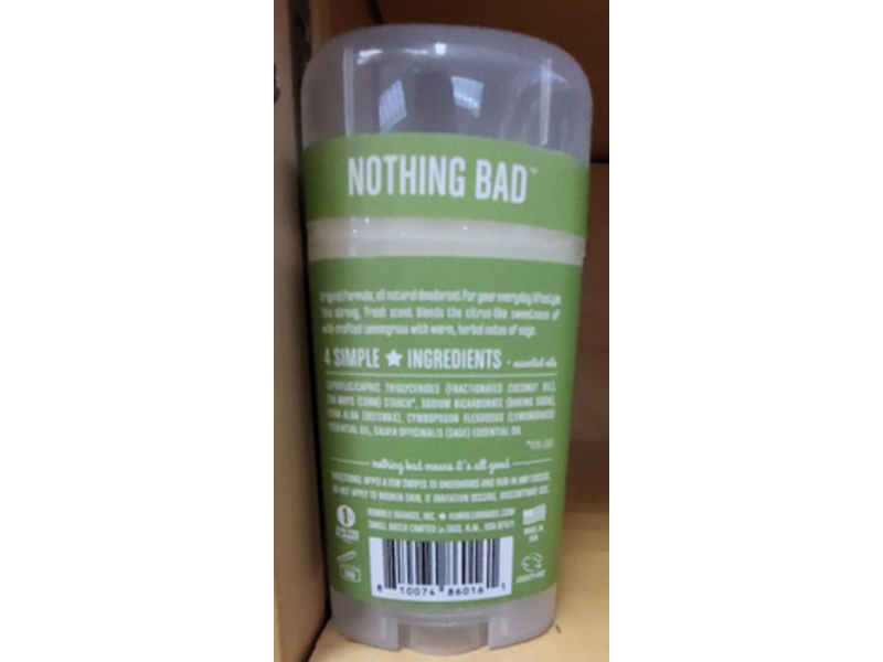 Humble All Natural Deodorant, Lemongrass & Sage, 2.5 oz/70 g