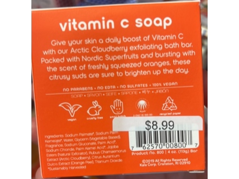 Kala Arctic Cloudberry Vitamin C Exfoliating Bath Bar Soap, 4 oz/113 g, Pack Of 2