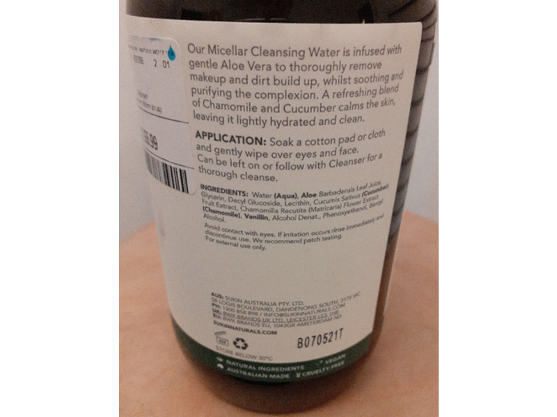 Sukin Micellar Cleansing Water, Paraben Free, 16.9 fl oz/500 mL