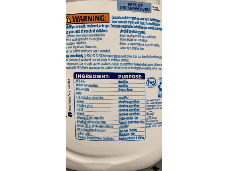 all With Stainlifters Mega Laundry Detergent Pacs, Free Clear, 44.44 oz/1.26 kg, 30 Count