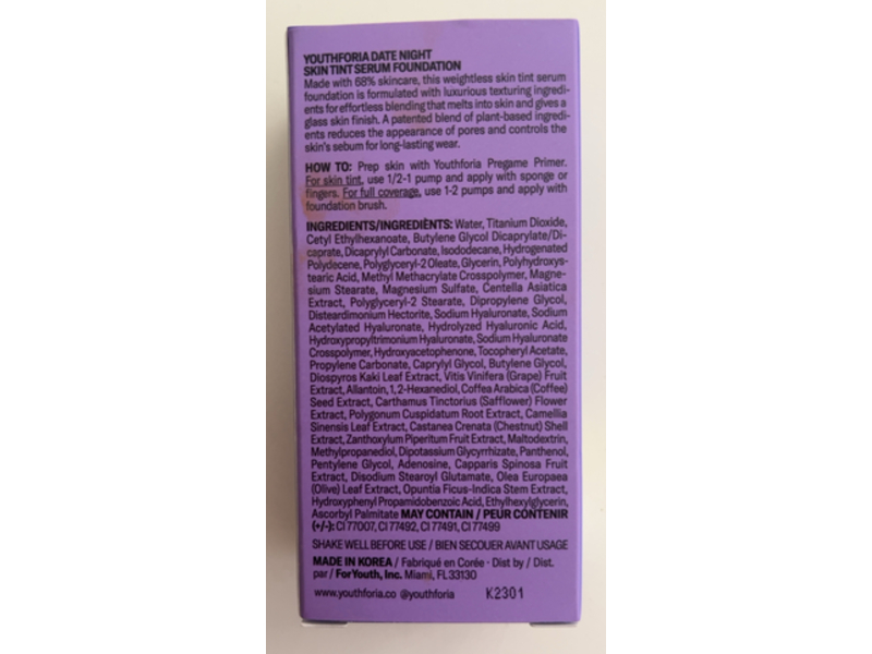 Youthforia Date Night Skin Tint Serum Foundation, 245 Light to Light Medium - Neutral, 1.18 fl oz/35 mL