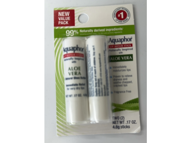 Aquaphor Lip Repair Stick, Aloe Vera & Shea Butter, 0.17oz/4.8 g, Pack of 2