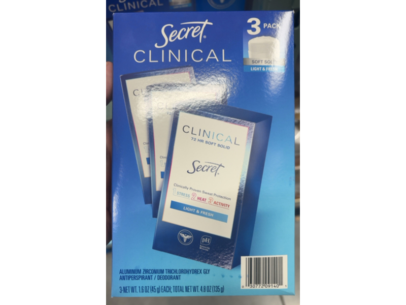 Secret Clinical 72 HR Soft Solid Antiperspirant/Deodorant, Light & Fresh, 1.6 oz/45 g, Pack Of 3
