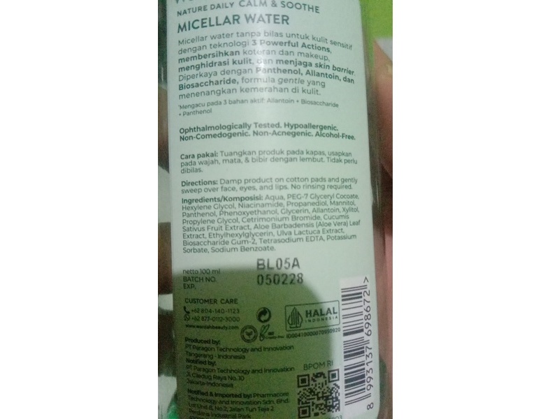 Wardah Natural Daily Micellar Water, Panthenol Allantoin, 100 mL