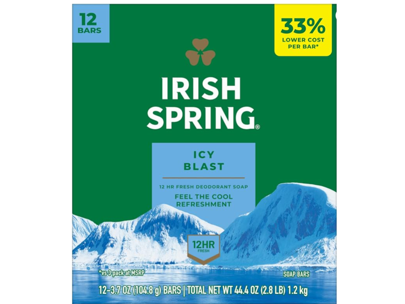 Irish Spring Deodorant Bar Soap, Icy Blast, 3.7 oz/104 .8 g, 12 Count