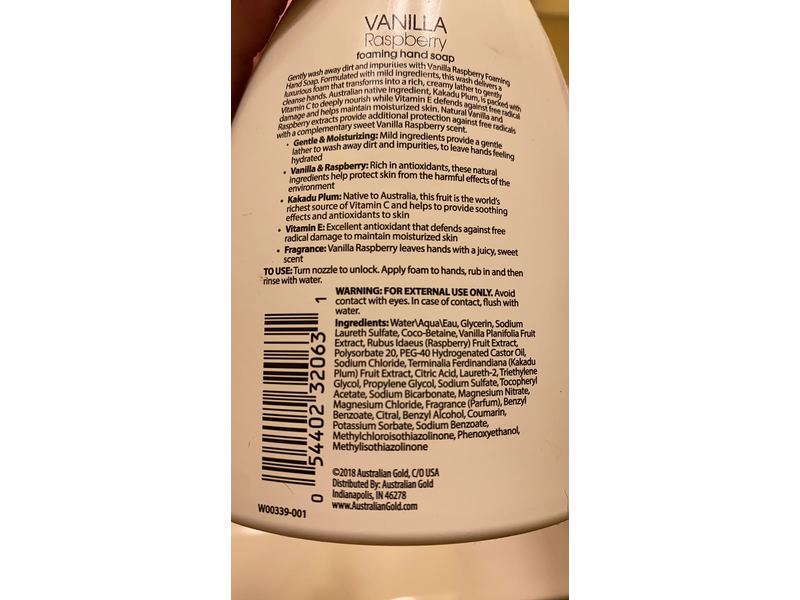 Australian Gold Foaming Hand Soap, Vanilla Raspberry, 7.5 fl oz/221 mL