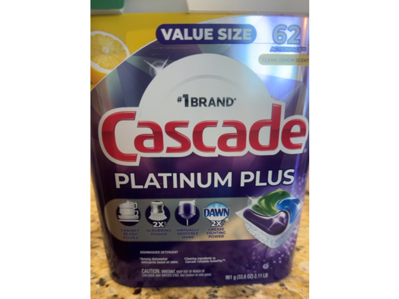 Cascade Platinum Plus ActionPacs, Clean Lemon Scent, 33.8 oz/961 g, 62 Pacs