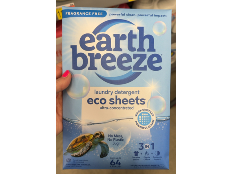 Earth Breeze 3 In 1 Ultra - Concentrated Laundry Detergent Eco Sheets, 64 Loads, 32 Count