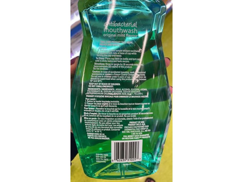 Western Family Antibacterial Mouthwash, Original Mint Flavour, 1 L