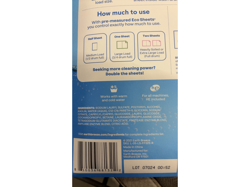 Earth Breeze Laundry Detergent Eco Sheets, Fragrance Free, 64 Loads