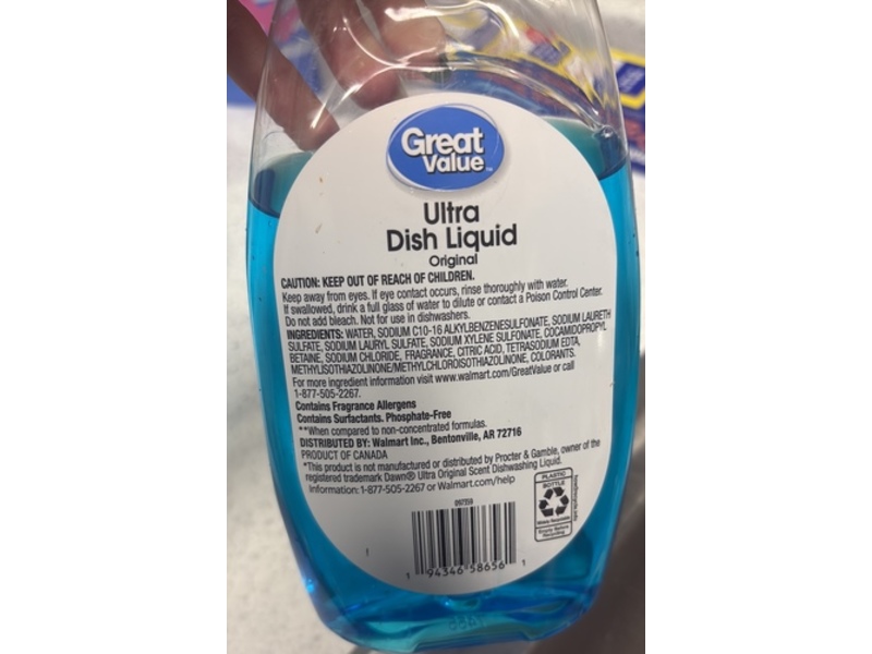 Great Value Ultra Dish Liquid, Original, 18 fl oz/532 mL