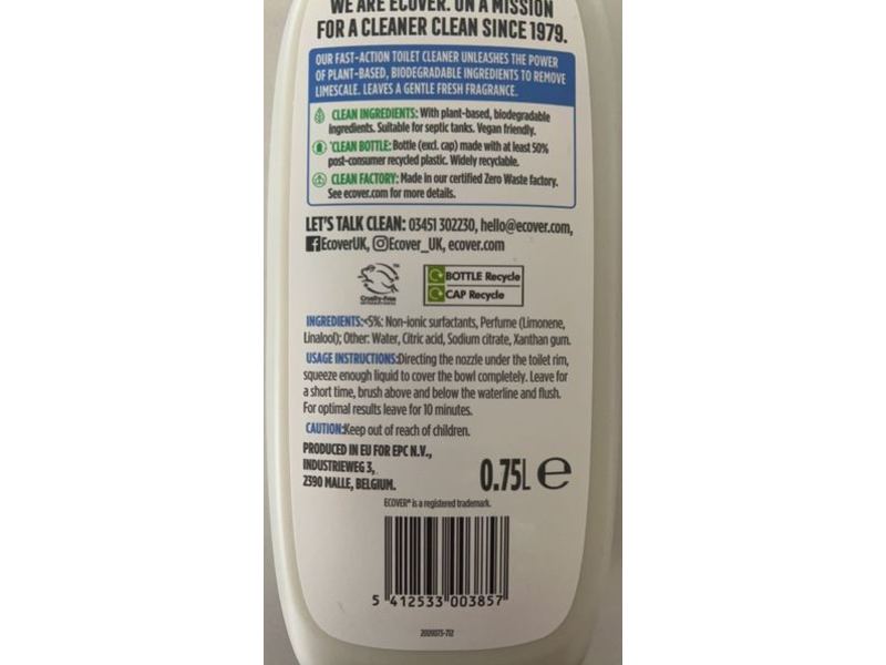 Ecover Fast-Action Toilet Cleaner, Sea Breeze & Sage, 0.75 L