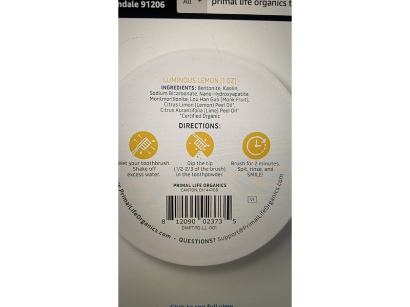 Primal Life Powdered Mineral Toothpaste, Luminous Lemon, 1 oz/28 g