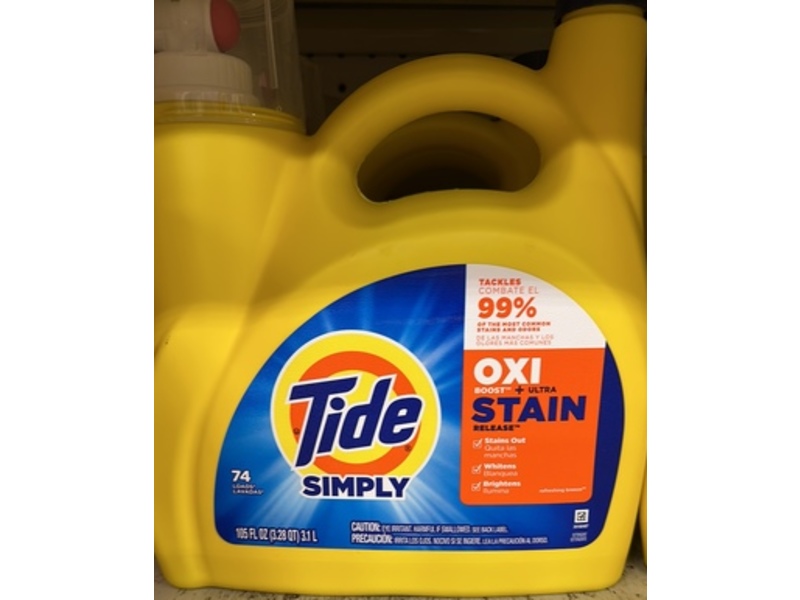 Tide Simply OXI Boost + Ultra Stain Release Laundry Detergent, Refreshing Breeze, 74 Loads, 105 fl oz/3.1 L