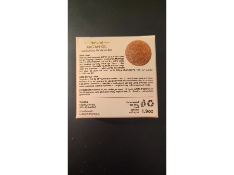 Vunella Natural Moisturizing Shampoo Bar, Argan Oil, 1.9 oz