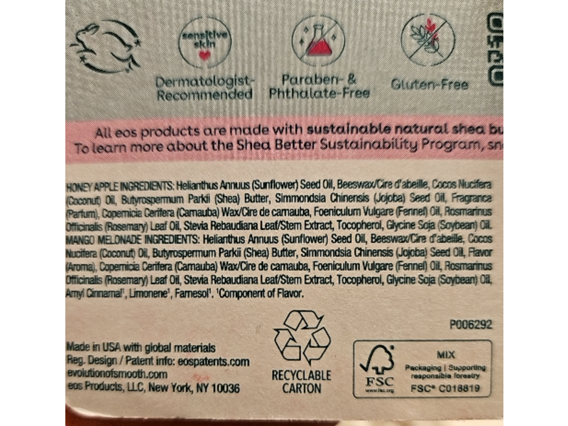 Eos Natural Shea Smooyh Lip Balm, Honey Apple & Mango Melonade,0.14 oz/4 g, Pack Of 2