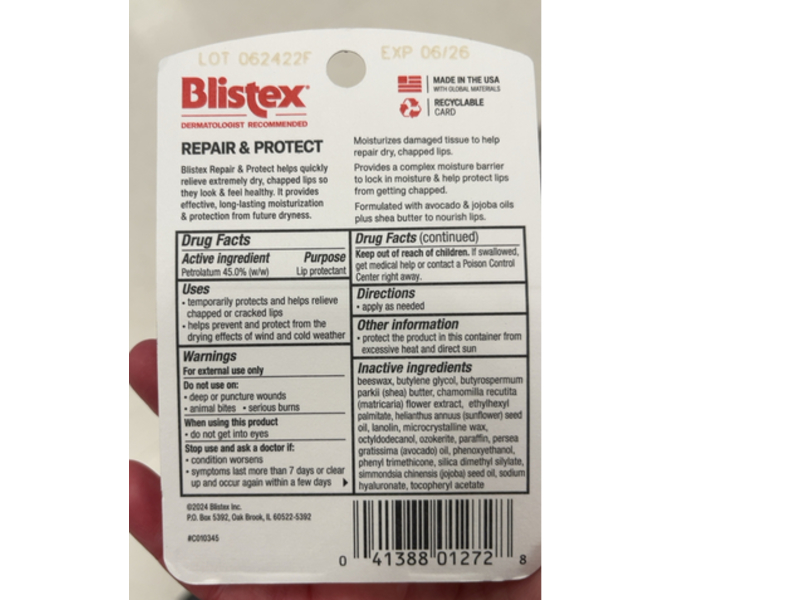 Blistex Repair & Protect Lip Balm Sticks, 0.13 oz/3.69 g, 2 Pack