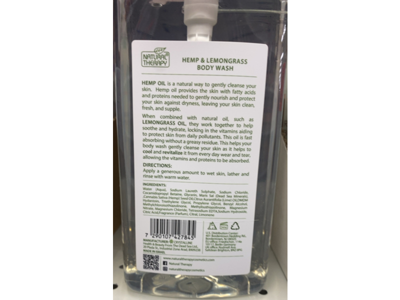 Naturals Therapy Body Wash, Hemp & Lemongrass, 33.8 fl oz/1000 mL