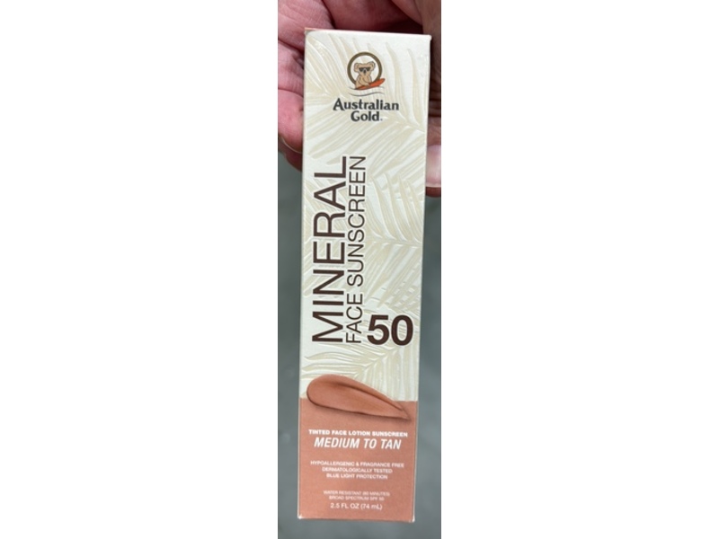 Australian Gold Mineral Tinted Face Lotion Sunscreen, SPF 50, Medium To Tan, 2.5 fl oz/74 mL