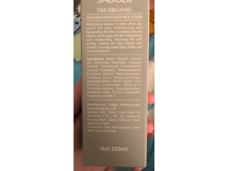 Sadoer The Organic Moisturize Face Lotion, Avocado, 3.52 fl oz/100 mL