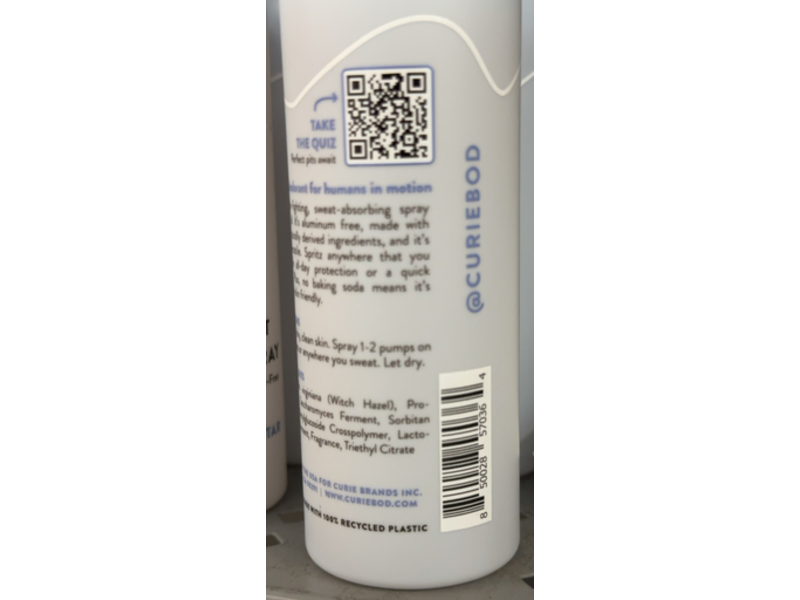 Curie Deodorant & Body Spray, Coconut Nectar, 3 oz/85 g