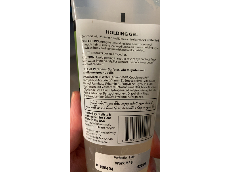 Create It Inc Work It Medium To Hard Holding Gel, Vitamin A & D + Antioxidants, 6 fl oz/177 mL