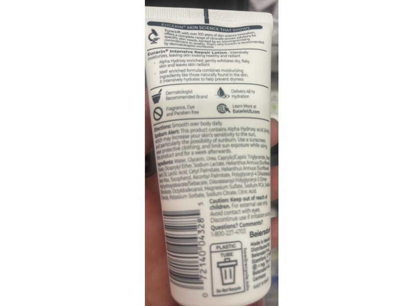 Eucerin Intensive Repair Lotion, Fragrance Free, 5% Urea + AHA + NMF, 3.3 fl oz/100 mL