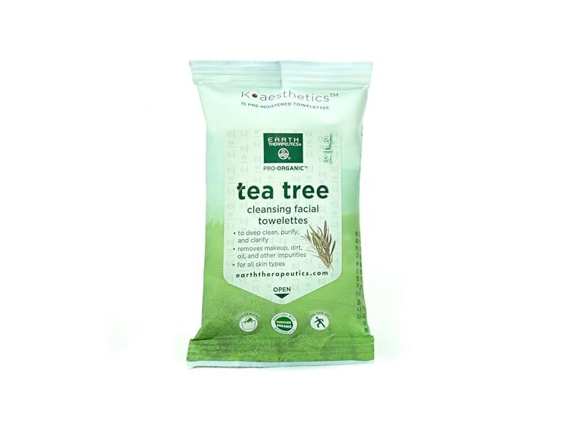 Earth Therapeutics Pro Organic Tea Tree Cleansing Facial Towelettes, 15 Count