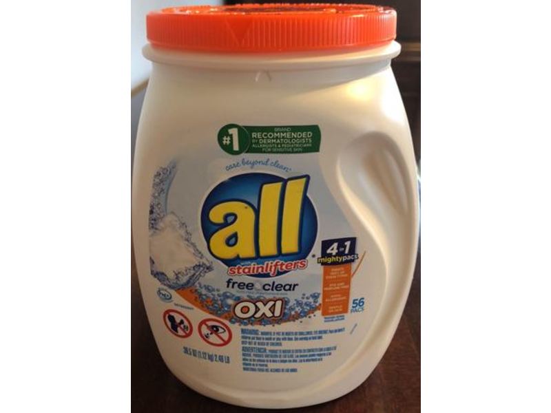 All With Stainlifters Laundry Detergent Pacs, Free & Clear, Oxi, 39.5 oz/1.12 kg, 56 Count