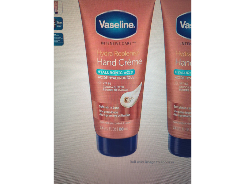 Vaseline intensive Care Hydra Replenish Hand Creme, Hyaluronic Acid, 3.4 fl oz/100 mL, Pack Of 6