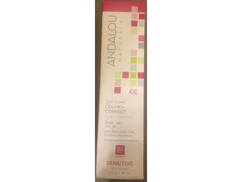 Andalou Naturals 1000 Roses Color + Correct, SPF 30, Sheer Tan, Rose Stem Cells, 2 fl oz/58 mL