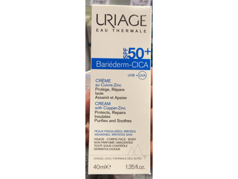 Uriage Bariederm Cica Cream, Copper Zinc, SPF 50 +,1.35 fl oz/40 mL
