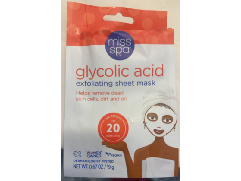 Miss Spa Exfoliating Sheet Mask, Glycolic Acid, 0.67 oz/19 g