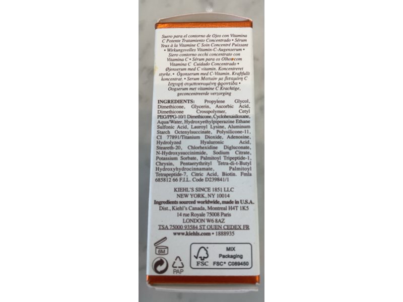 Kiehl's Powerful-Strength Line-Reducing & Dark Circle-Diminishing Vitamin C Eye Serum, Tri-Peptide & Hyaluronic Acid, 0.5 fl oz/15 mL