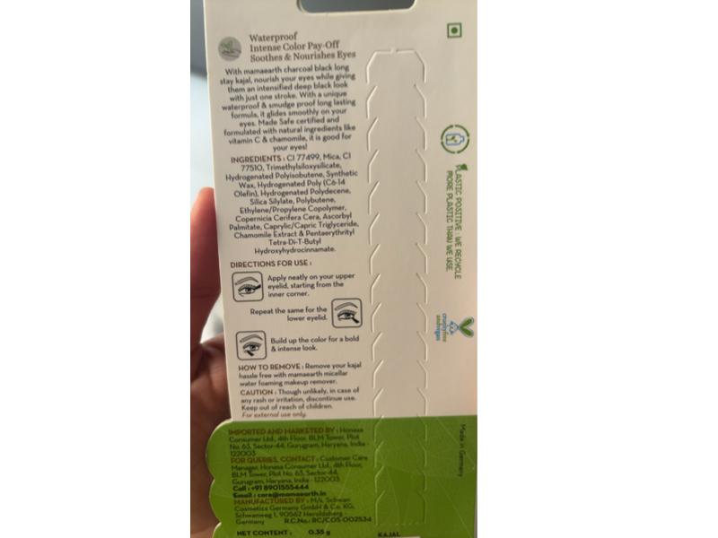 Mamaearth Long Stay Kajal, Charcoal Black, 0.01 oz/0.35 g
