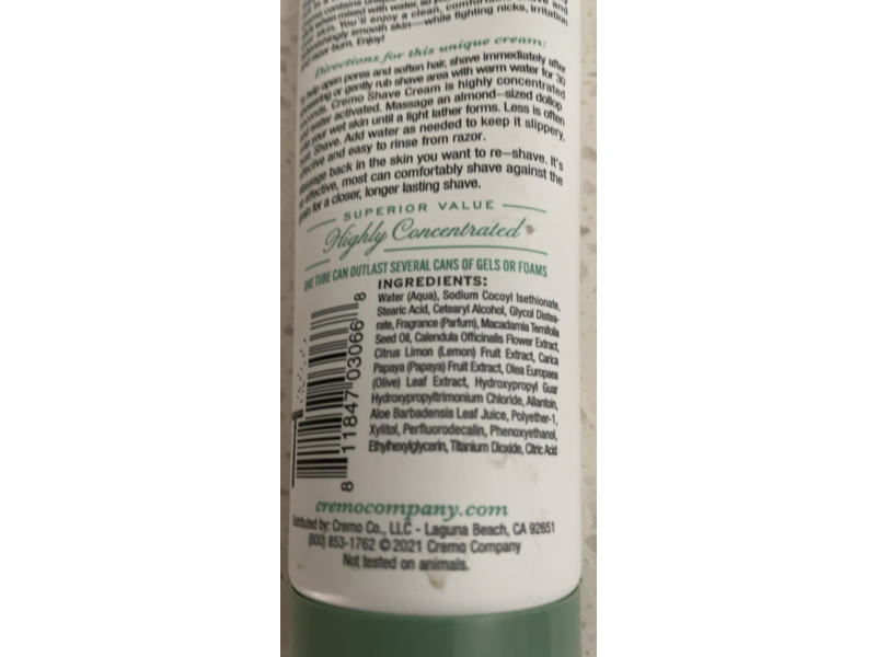 Cremo Barber Grade Shave Cream, Silver Water & Birch, 6 fl oz/177 mL