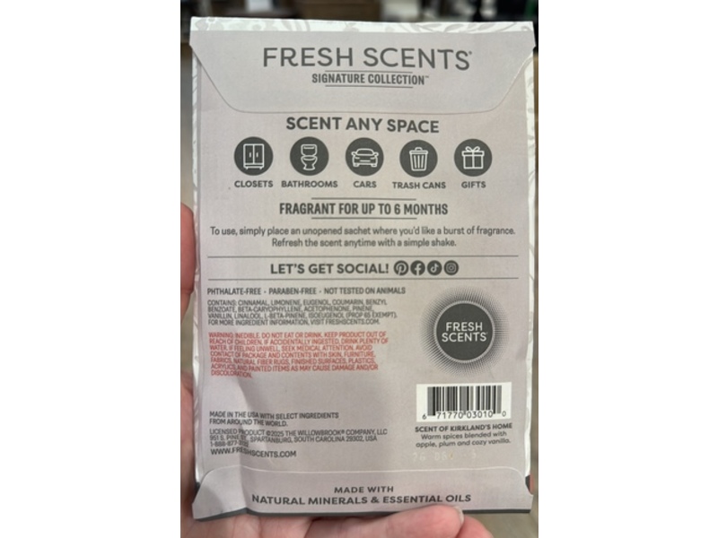Fresh Scents The Scent of Kirkland's Home Sachet, Cinnamon + Vanilla + Cloves, 115 mL