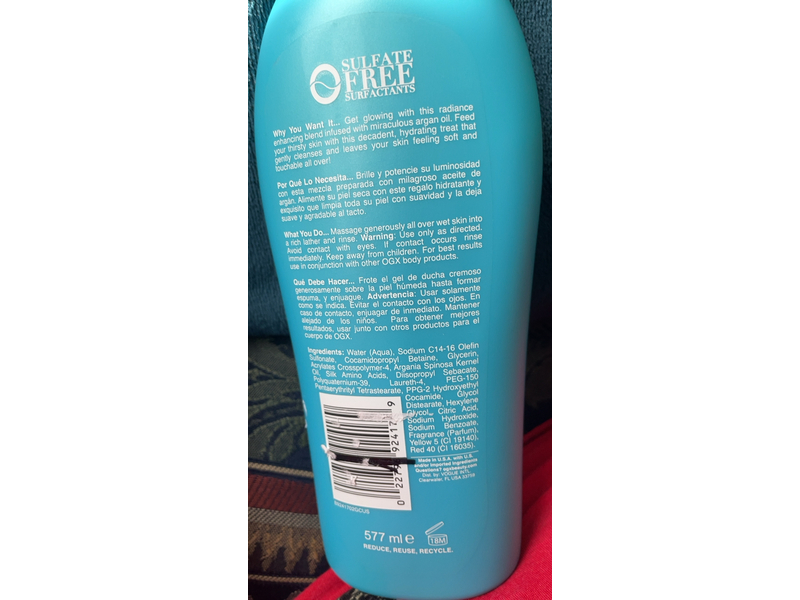 OGX Extra Hydrating Body Wash, Radiant Glow + Argan Oil Of Morocco, 19.5 fl oz/557 mL