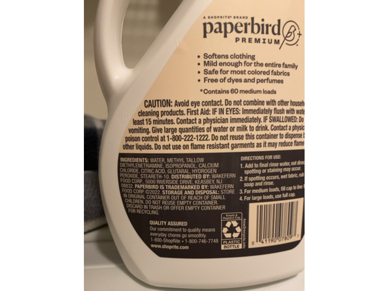Paperbird Premium Fabric Softener, Free & Clear, 60 Loads, 51 fl oz/1.50 L