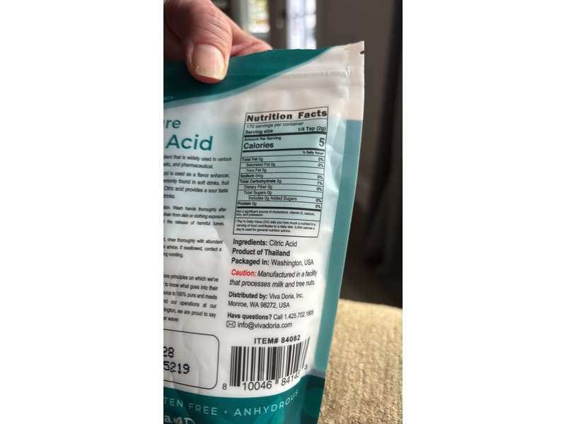 Viva Doria 100% Pure Citric Acid, Food Grade, Fine Grain, 12 oz (340 g)