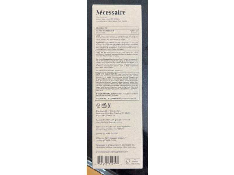 Necessaire The Mineral Sunscreen, SPF 30 & PA+++, 5.1 fl oz/150 mL
