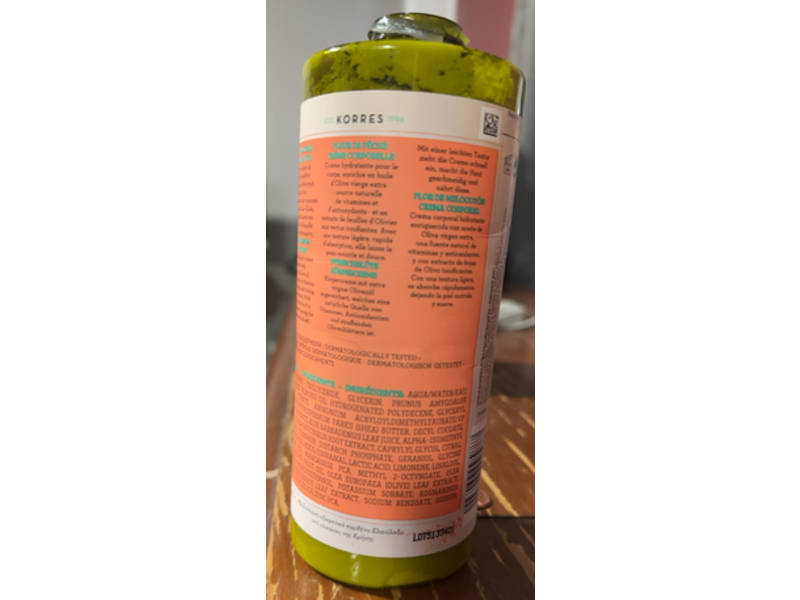 Korres Pure Greek Olive Body Cream, Peach Blossom, 13.53 fl oz/400 mL