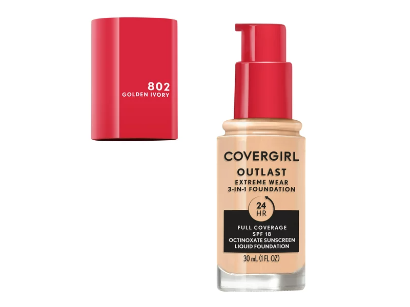 Covergirl Outlast 3-In-1 Foundation, 802 Golden Ivory, SPF 18, 1 fl oz/30 mL