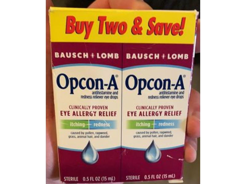 Bausch + Lomb Opcon-A Eye Allergy Relief Drops, Itching, Redness, 0.5 fl oz/15 mL, Pack Of 2