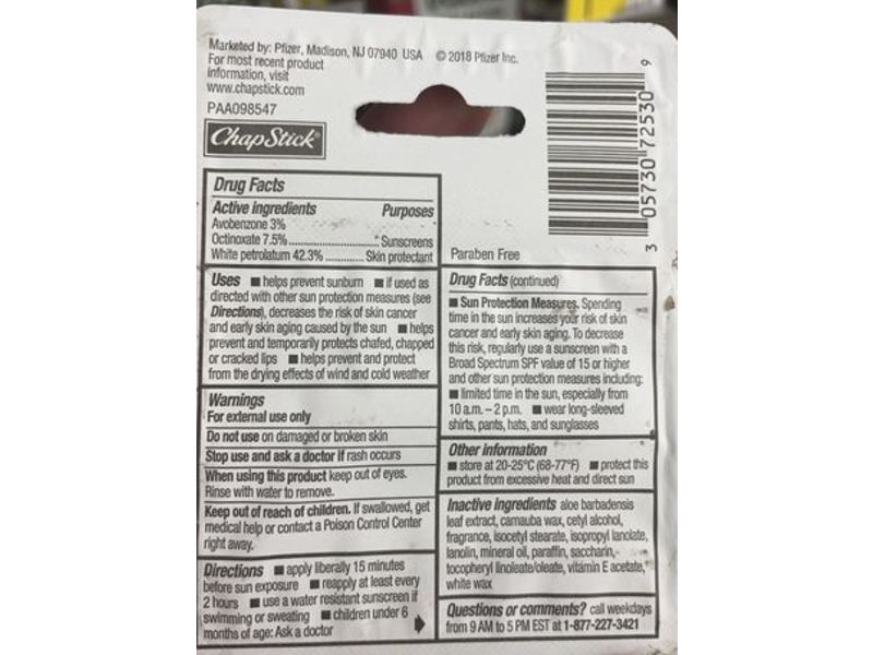 ChapStick Lip Moisturizer And Skin Protectant, Original, SPF 15, 0.15 oz, 12 Carded Pack Of 3 Sticks