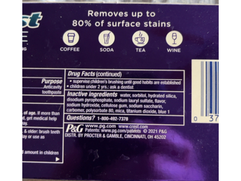 Crest 3D White Stain Eraser Teeth Whitening Toothpaste, ICY Clean Mint, 3.1 oz/ 87 g, Pack of 2