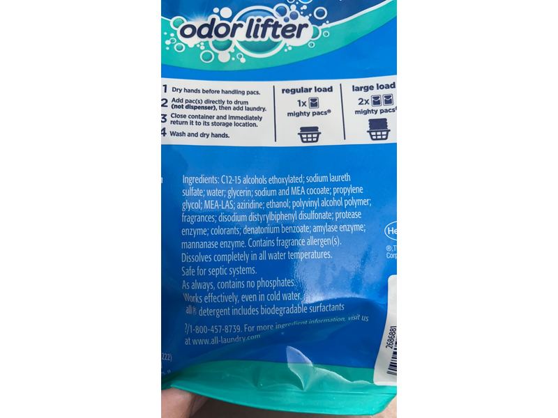 All with Stainlifters Odor Lifter 4-In-1 Mightypacs Detergent, 13.4 oz/380 g, 19 Count
